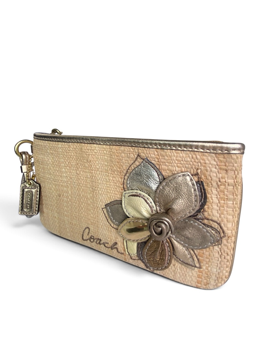 Coach Woven Straw Y2K Wristlet with Metallic Layered Floral Appliqué Large Clutc